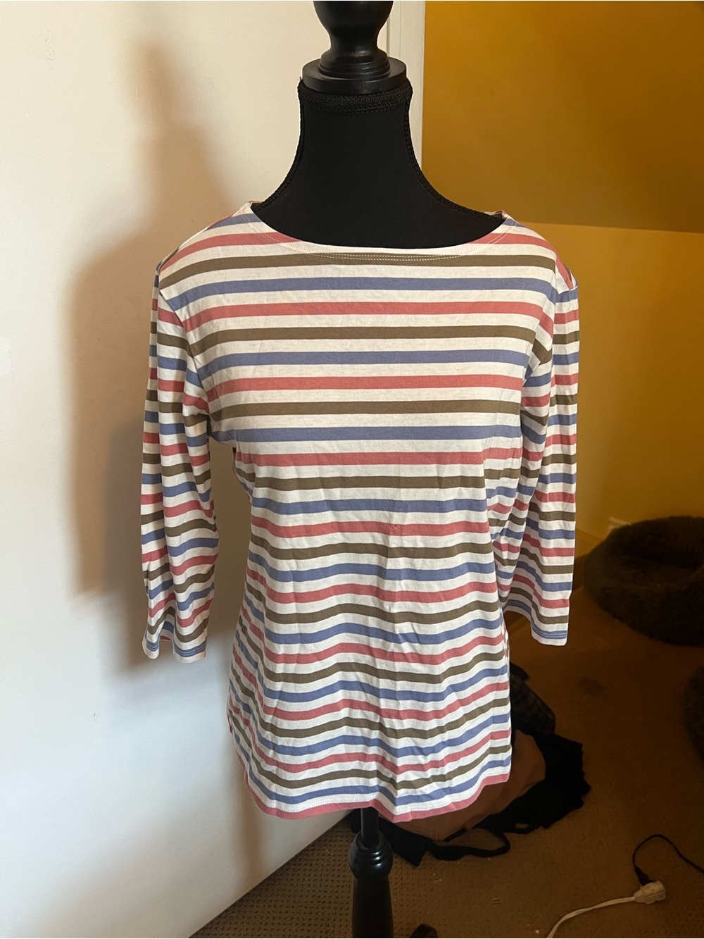 Women's Striped Boatneck Three-Quarter Sleeve Top - Multi